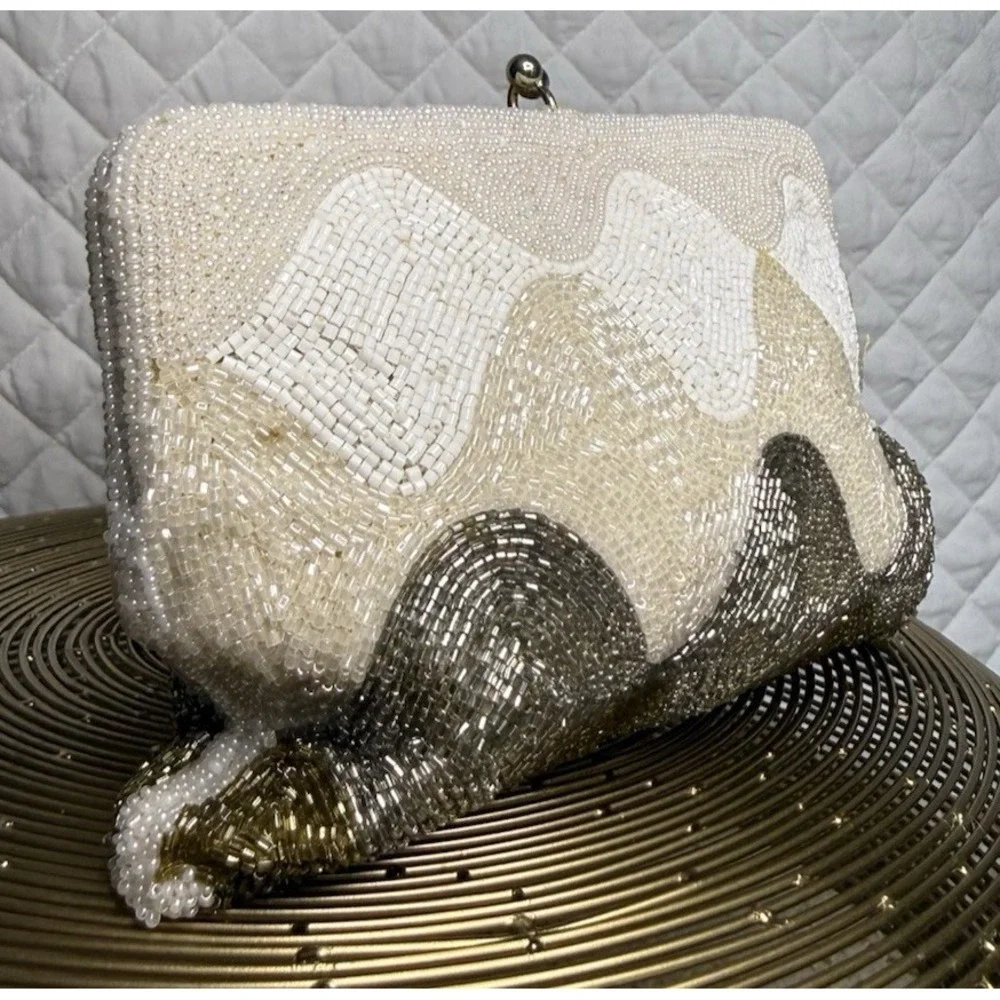 Vintage Prom Beaded Clutch Purse Wavy‎ Pattern Metallic Shimmer Glass Seed Beads